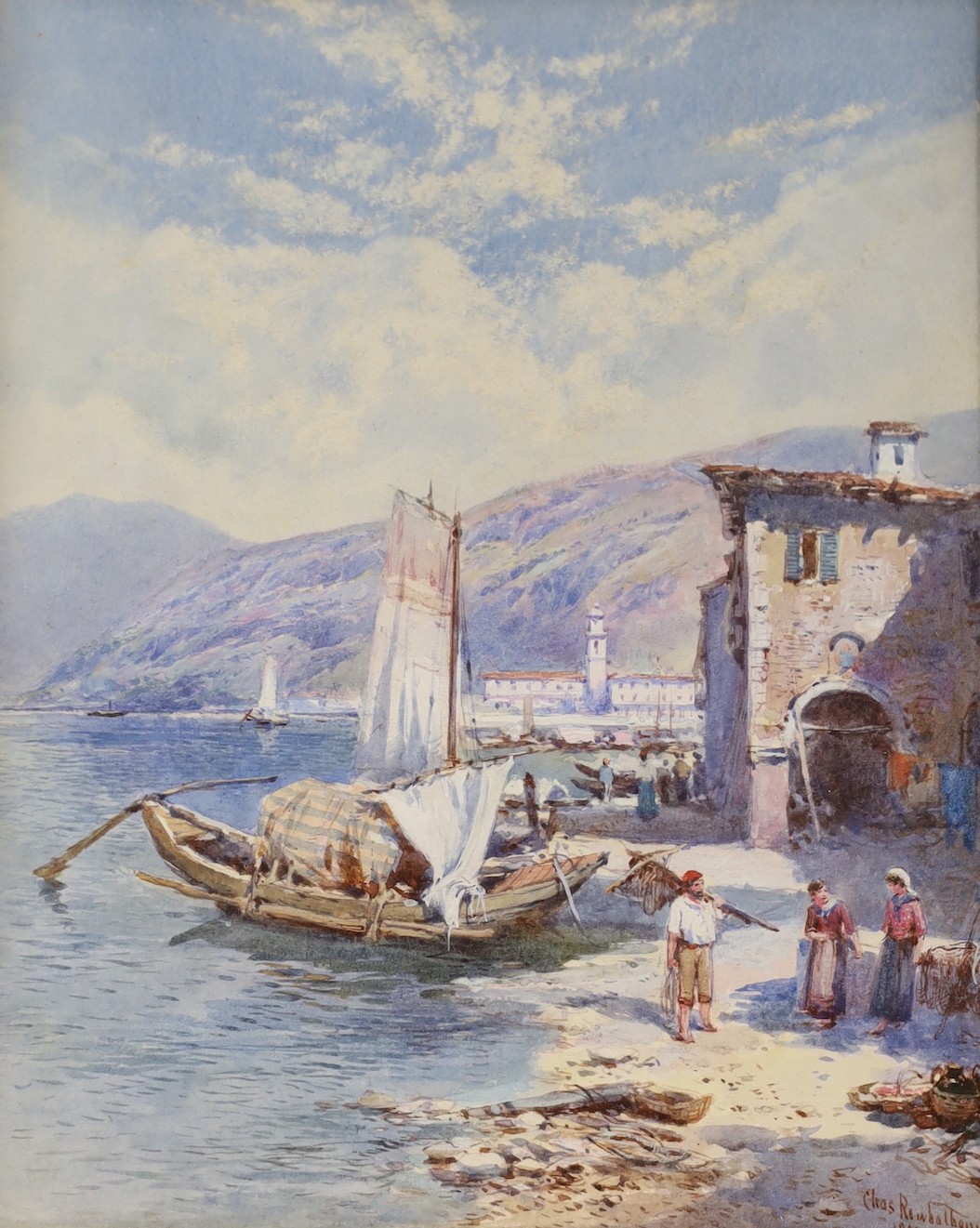 Charles Rowbotham (1826-1904), watercolour, Figures on the shore of an Italian lake, signed and dated 1900, 19 x 15cm